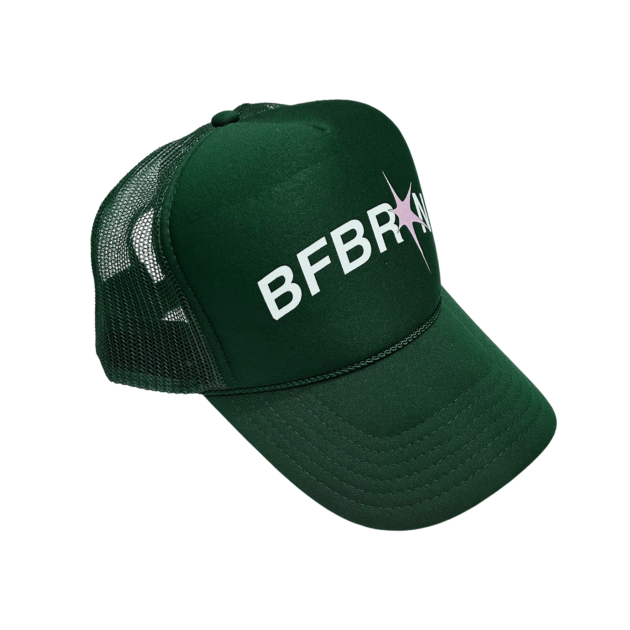 BFBRKN Trucker (Dark Green) adjustable 5 panel hat with structured silhouette and color-match under brim.